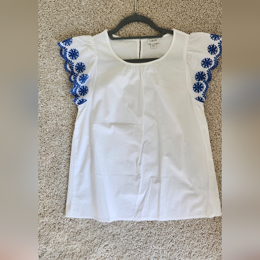J. Crew White Blouse with Blue Embroidery